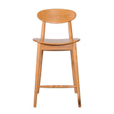 An oak hardwood bar stool with a rounded back and seat, and four straight legs