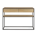 Light wood console table with two drawers and a lower shelf, supported by a black metal frame